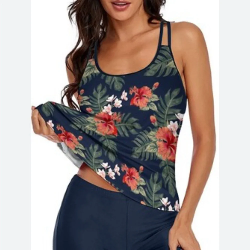 - New Woman’s swim tank black and floral size L adjustable